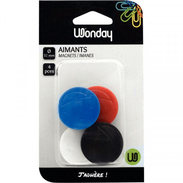 Aimants - Ronds - 32mm diamètre - 4 couleurs assorties - Pour tableau - Wonday