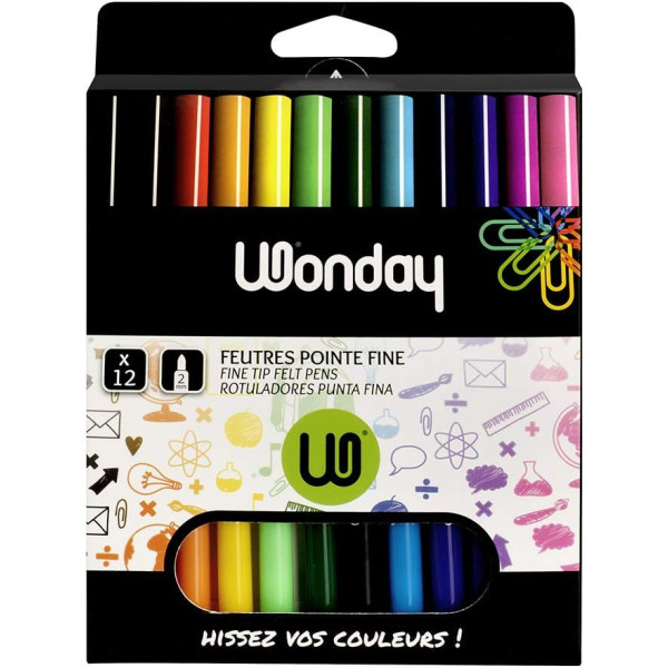 photo-Feutres - Coloriage - Pointe fine - 12 couleurs - A base d'eau - Enfant - Scolaire - Wonday