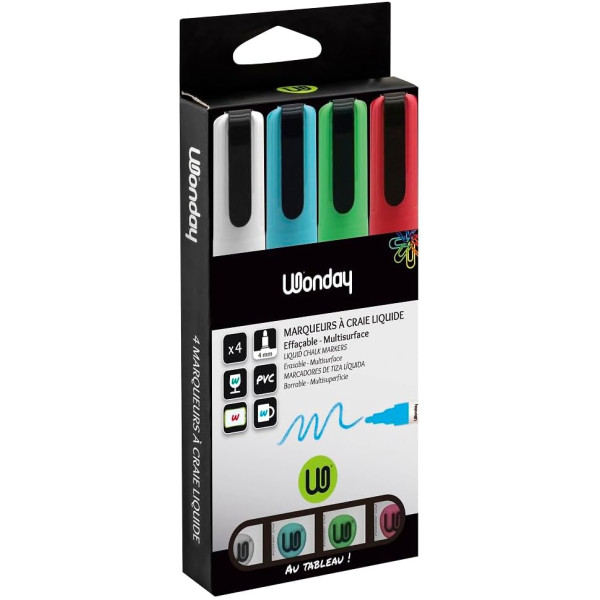 Marqueurs - Craie liquide - Effaçable - 4 couleurs - Mine 4mm - Tous supports