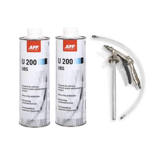 photo-Anti gravillon - Blanc - Anti corrosion - Carrosserie - APP - 2 bidons 1L U200 + pistolet pulvérisation