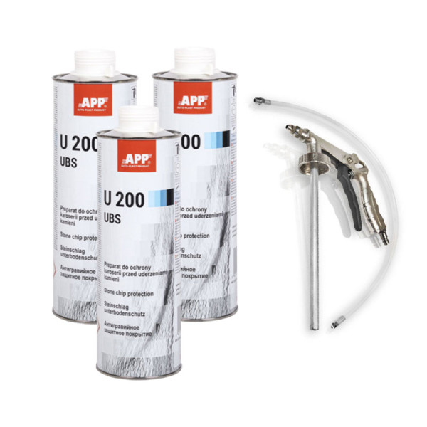 photo-Anti gravillon - Blanc - Anti corrosion - Carrosserie - APP - 3 bidons 1L U200 + pistolet pulvérisation