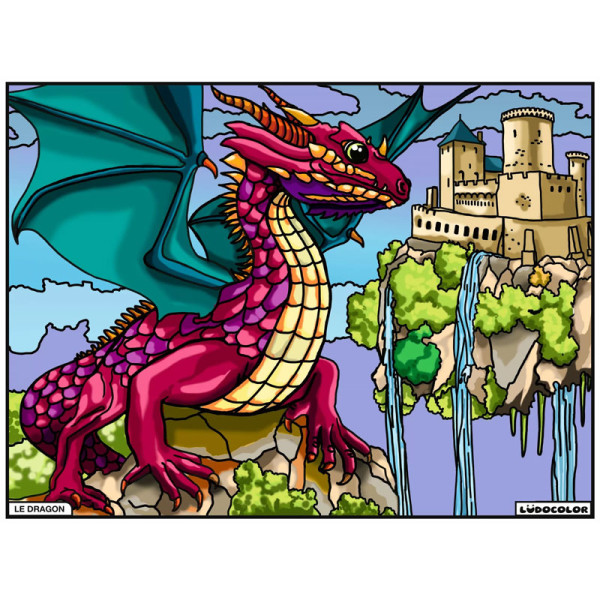 photo-Coloriage - Dragon - Tableau à colorier - Avec contours velours noir - Dès 3 ans