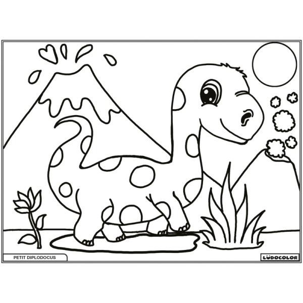 Coloriage - Petit diplodocus - Tableau à colorier - Avec contours velours noir - Dès 3 ans