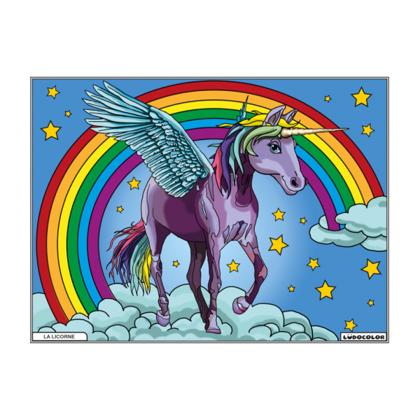 photo-Coloriage - Licorne arc en ciel - Tableau à colorier - Avec contours velours noir - Dès 3 ans
