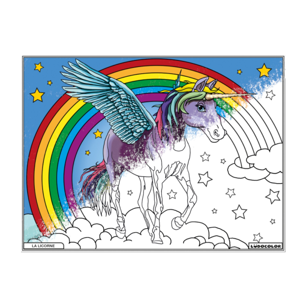 Coloriage - Licorne arc en ciel - Tableau à colorier - Avec contours velours noir - Dès 3 ans