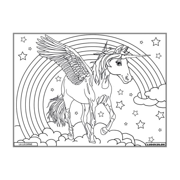 Coloriage - Licorne arc en ciel - Tableau à colorier - Avec contours velours noir - Dès 3 ans