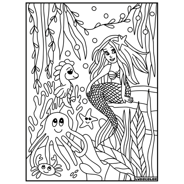 Coloriage - Sirène - Tableau à colorier - Avec contours velours noir - Dès 3 ans