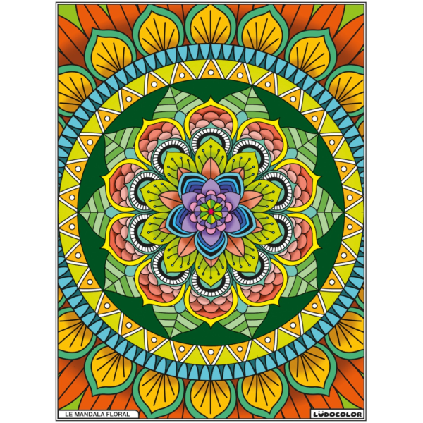 photo-Coloriage - Mandala floral - Tableau à colorier - Avec contours velours noir - Dès 3 ans