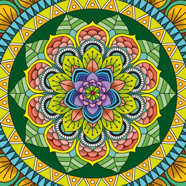Coloriage - Mandala floral - Tableau à colorier - Avec contours velours noir - Dès 3 ans
