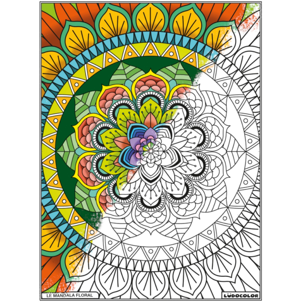 Coloriage - Mandala floral - Tableau à colorier - Avec contours velours noir - Dès 3 ans