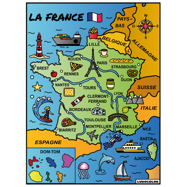 photo-Coloriage - Carte de France - Tableau à colorier - Avec contours velours noir - Dès 3 ans