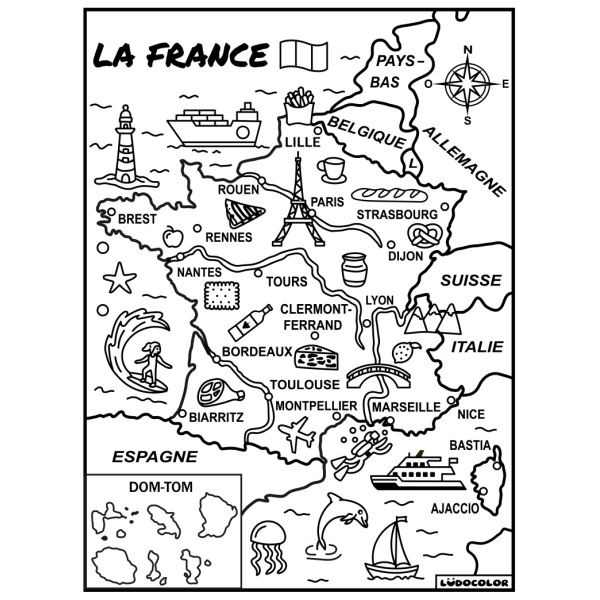 Coloriage - Carte de France - Tableau à colorier - Avec contours velours noir - Dès 3 ans