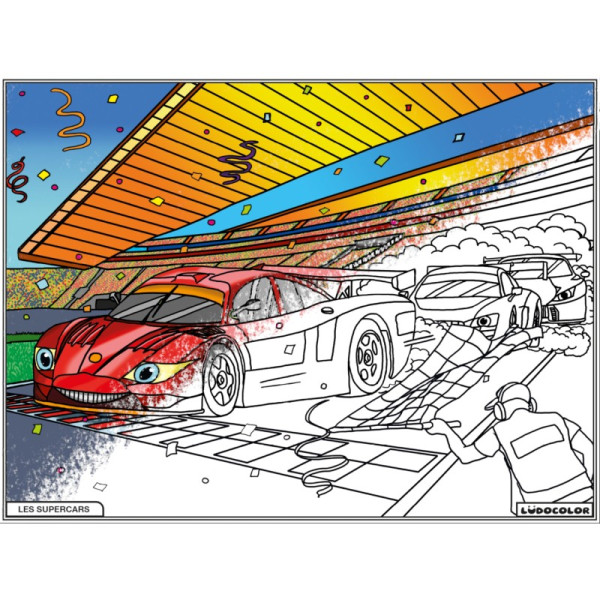 Coloriage - Supercars - Tableau à colorier - Avec contours velours noir - Dès 3 ans