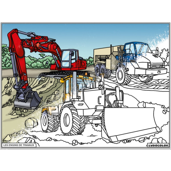 Coloriage - Engins de travaux - Tableau à colorier - Avec contours velours noir - Dès 3 ans