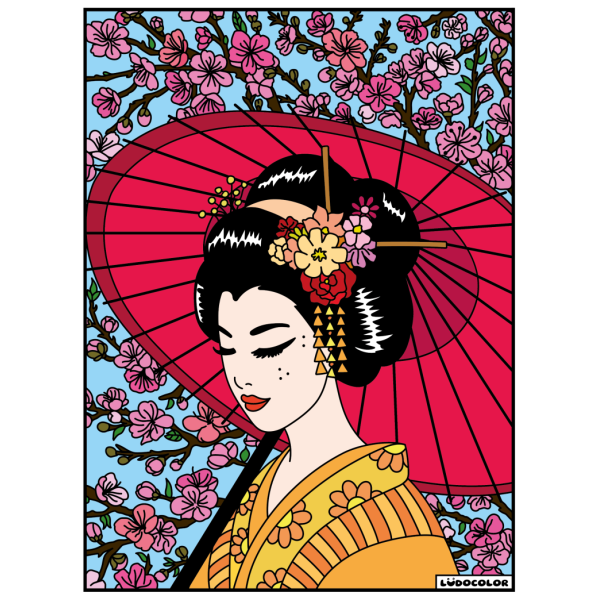 photo-Coloriage - Geisha - Tableau à colorier - Avec contours velours noir - Dès 3 ans
