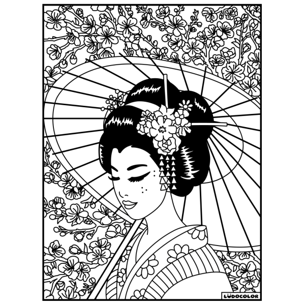 Coloriage - Geisha - Tableau à colorier - Avec contours velours noir - Dès 3 ans