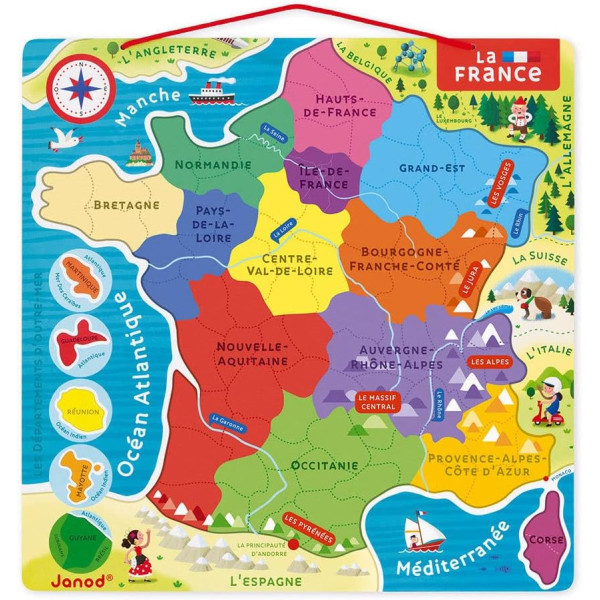 Puzzle - Carte de la France et régions - 93 pièces aimantées - Dès 7 ans - Janod
