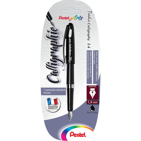 photo-Stylo plume - Pour calligraphie - Pointe fine 1,4mm - Rechargeable - Encre noire - Pentel