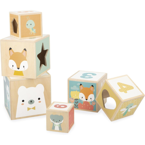 Jeux d'éveil - Cubes à empiler - Bois - Assortiments de 6 tailles et modèles - Dès 6 mois - Janod