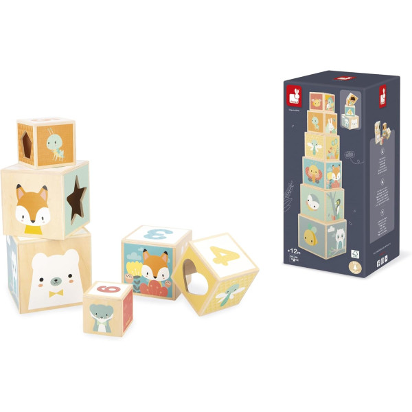 Jeux d'éveil - Cubes à empiler - Bois - Assortiments de 6 tailles et modèles - Dès 6 mois - Janod
