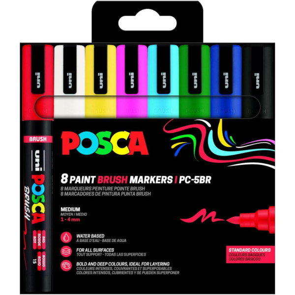 photo-Marqueurs POSCA - PC-5BR - Pointe pinceau moyenne - 8 couleurs assorties