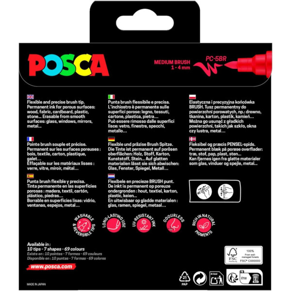 Marqueurs POSCA - PC-5BR - Pointe pinceau moyenne - 8 couleurs assorties