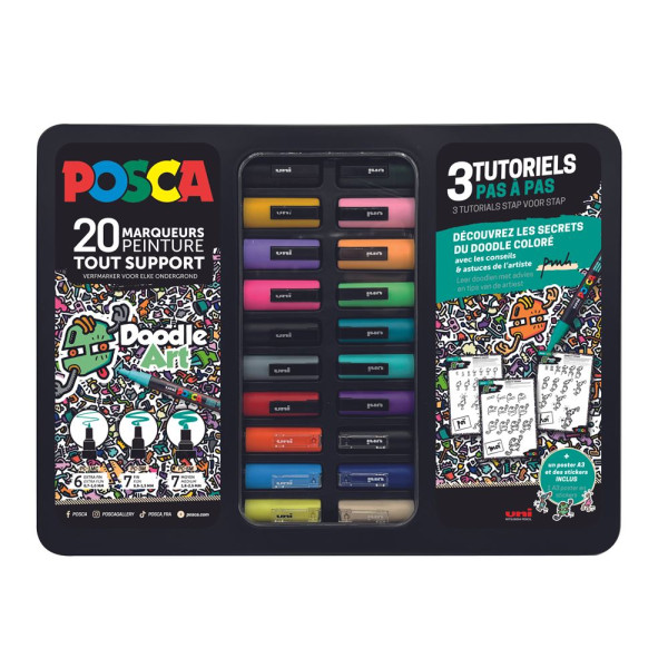 photo-Malette de 20 feutres - POSCA - Doodle art - PC1-1M - PC3M - PC5M