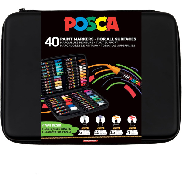 Malette de 40 feutres - POSCA - Assortiments couleurs + pointes - PC1-1M - PC3M - PC5M - PC8K
