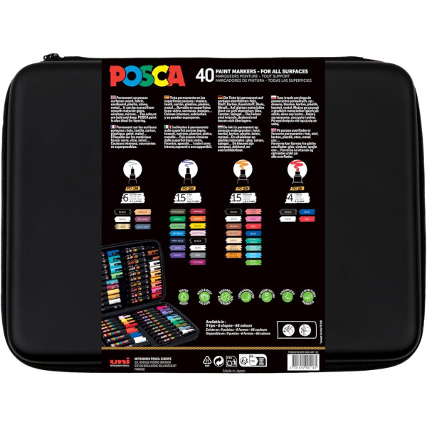 Malette de 40 feutres - POSCA - Assortiments couleurs + pointes - PC1-1M - PC3M - PC5M - PC8K