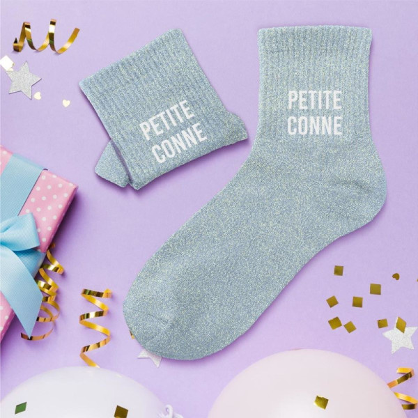 Chaussettes - Femme - Bleu avec paillettes - Petite conne - Taille 36/42 - Humour - Cadeau