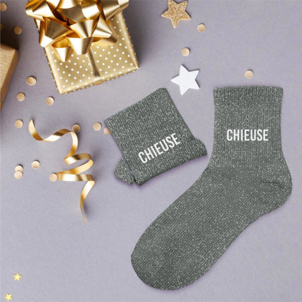 Chaussettes - Femme - Gris avec paillettes - Chieuse - Taille 36/42 - Humour - Cadeau