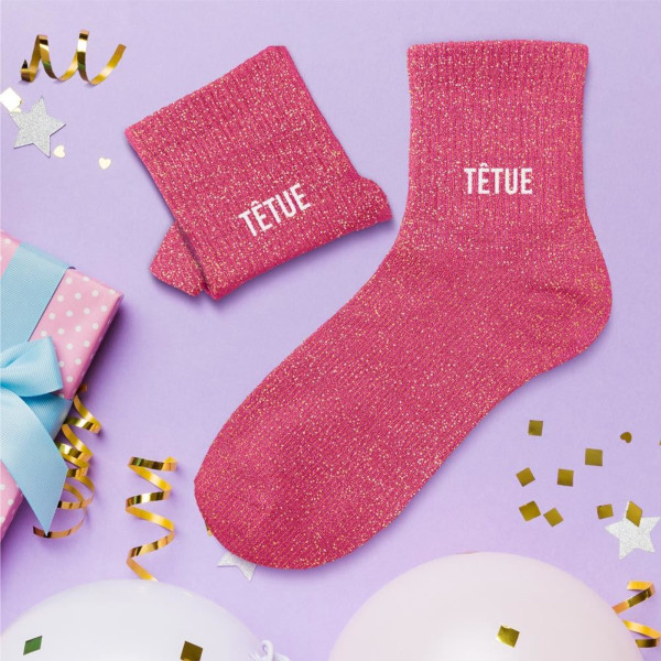 Chaussettes - Femme - Rose avec paillettes - Têtue - Taille 36/42 - Humour - Cadeau