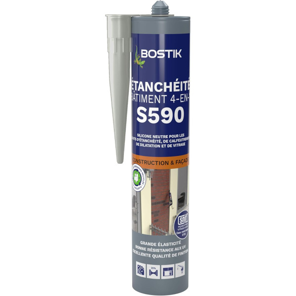 photo-Mastic d'étanchéité - Construction et façade - Gris - 4 en 1 - Bostik S590 - 300ml