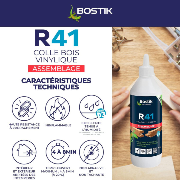 Colle vinylique - Bois - Assemblage et plaçage - Intérieur/extérieur - Blanc - Bostik R41 - 750g