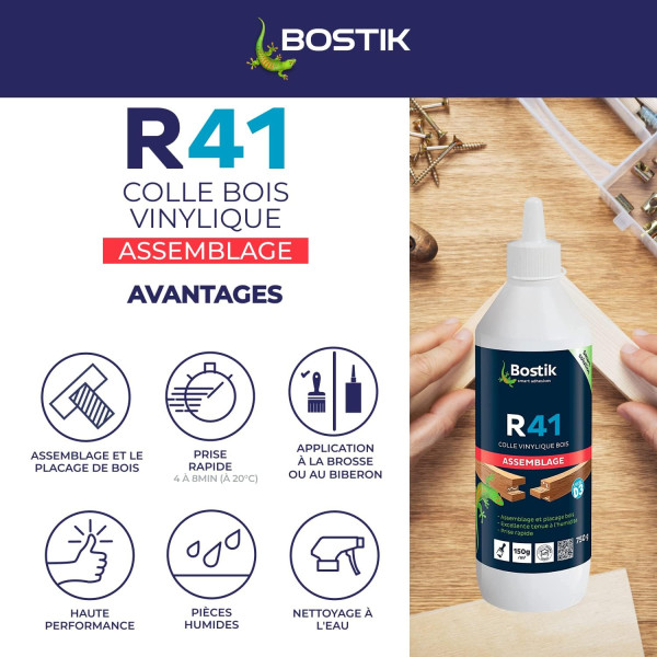 Colle vinylique - Bois - Assemblage et plaçage - Intérieur/extérieur - Blanc - Bostik R41 - 750g
