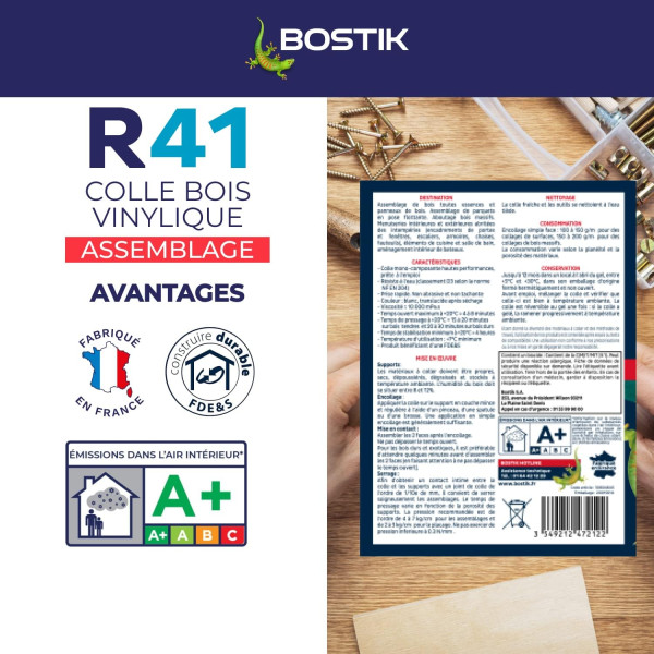 Colle vinylique - Bois - Assemblage et plaçage - Intérieur/extérieur - Blanc - Bostik R41 - 750g