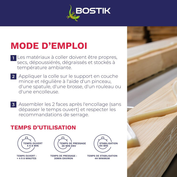 Colle vinylique - Bois - Assemblage et plaçage - Intérieur/extérieur - Blanc - Bostik R41 - 750g