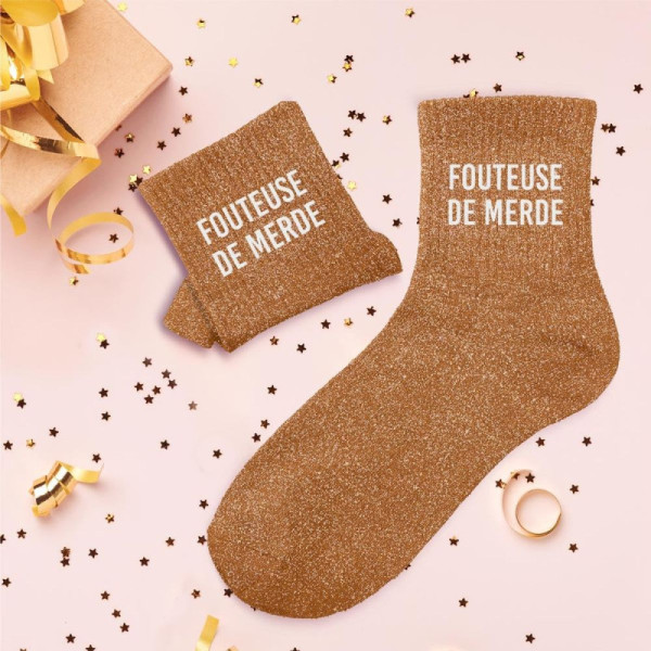Chaussettes - Femme - Marron avec paillettes - Fouteuse de merde - Taille 36/42 - Humour - Cadeau