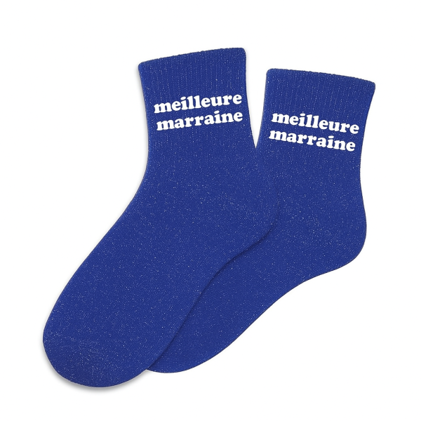 photo-Chaussettes - Femme - Bleu avec paillettes - Meilleure marraine - Taille 36/42 - Humour - Cadeau