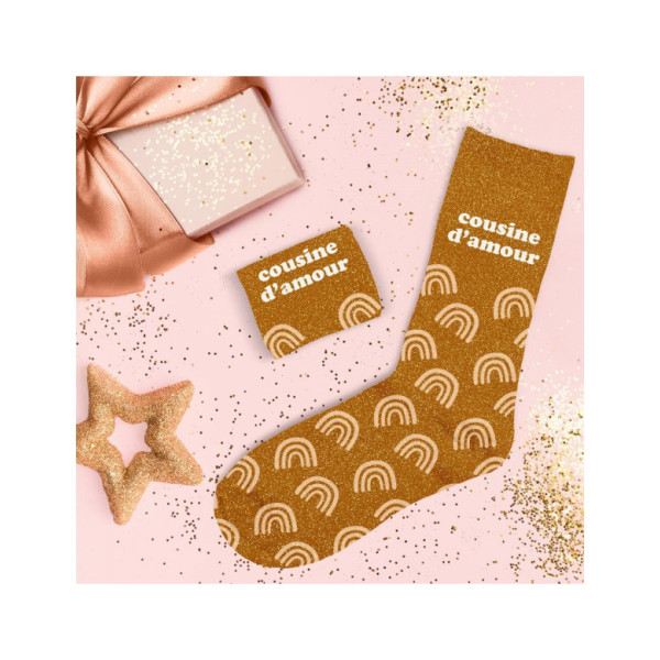 Chaussettes - Femme - Marron avec paillettes - Cousine d'amour - Taille 36/42 - Humour - Cadeau