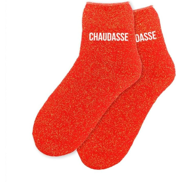 photo-Chaussettes - Femme - Orange avec paillettes - Chaudasse - Polaire - Taille 36/42 - Humour - Cadeau