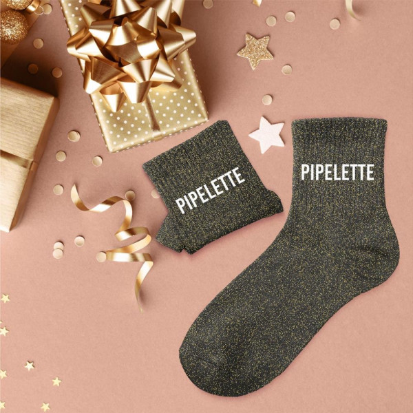 Chaussettes - Femme - Noir avec paillettes - Pipelette - Taille 36/42 - Humour - Cadeau