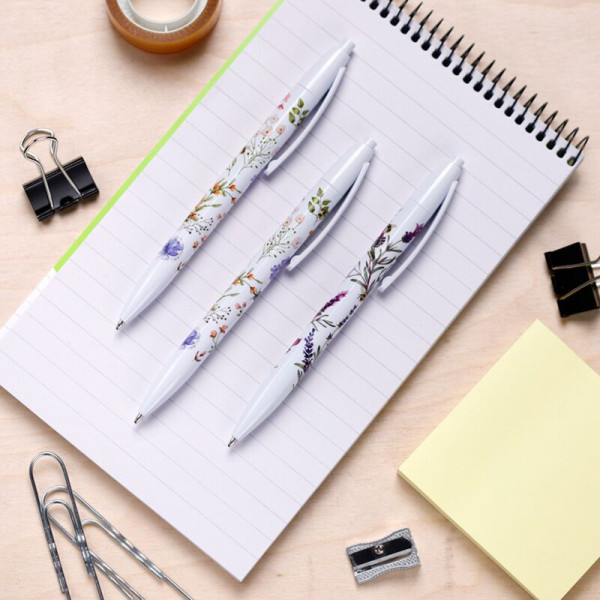 Stylo bille - Encre noire - Rétractable - 3 modèles assortis - Motif abeille et fleurs