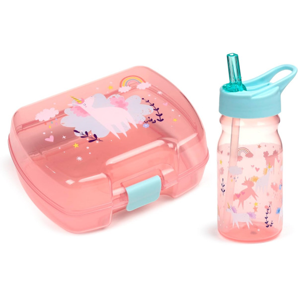 photo-Boite à goûter et gourde avec paille - Licorne - Rose/Bleu - Plastique sans BPA