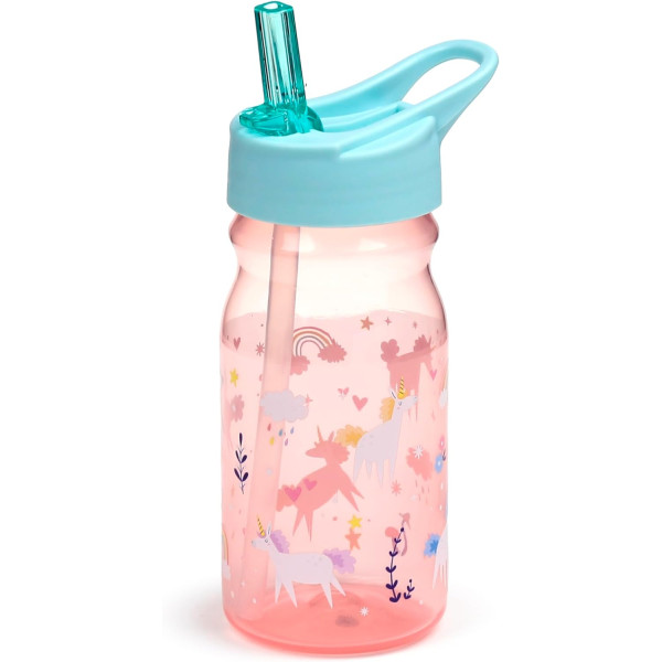 Boite à goûter et gourde avec paille - Licorne - Rose/Bleu - Plastique sans BPA