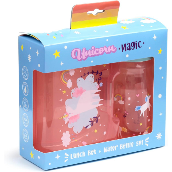 Boite à goûter et gourde avec paille - Licorne - Rose/Bleu - Plastique sans BPA