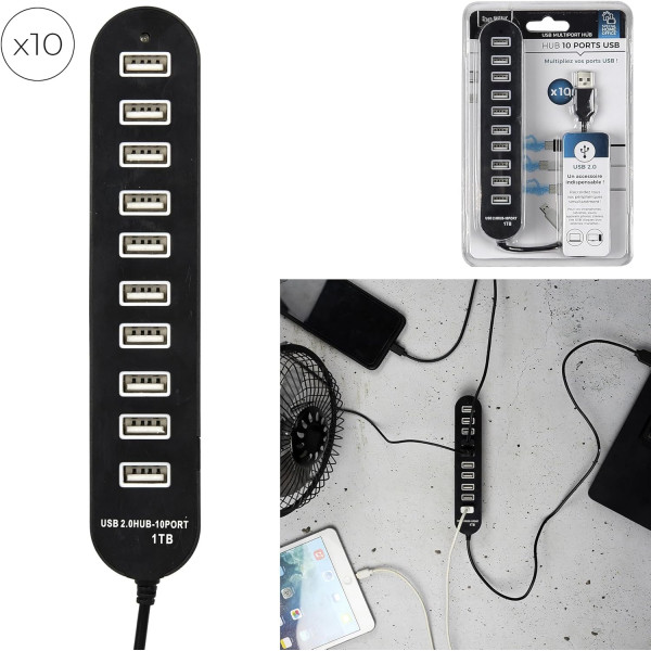 Hub - 10 ports USB - USB 2.0 - Permet de connecter plusieurs appareils