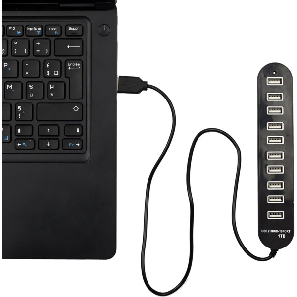 Hub - 10 ports USB - USB 2.0 - Permet de connecter plusieurs appareils