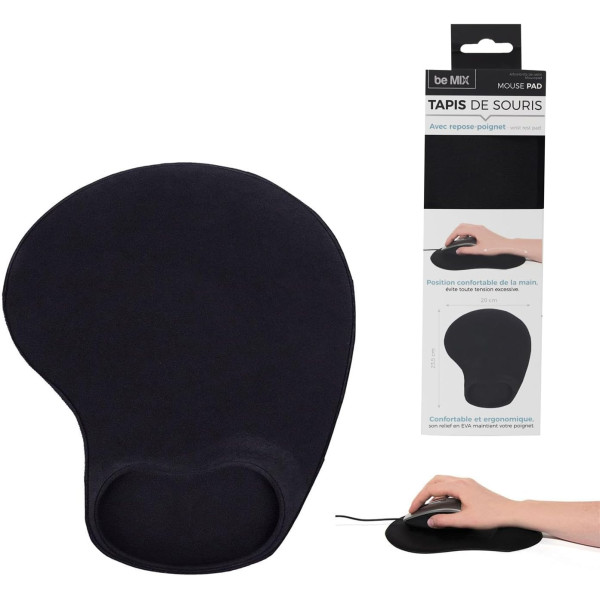 Tapis de souris - Noir - Repose poignet intégré - Ergonomique - Confortable