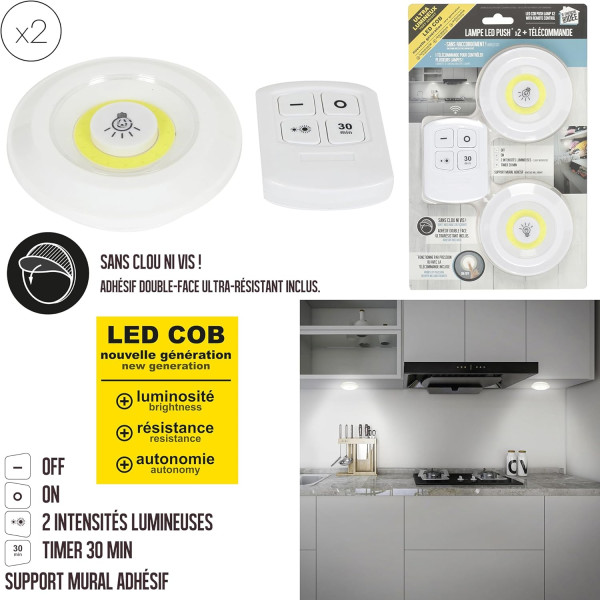 2 lampes LED - Avec télécommande - LED COB - Ultra lumineux - Se colle facilement